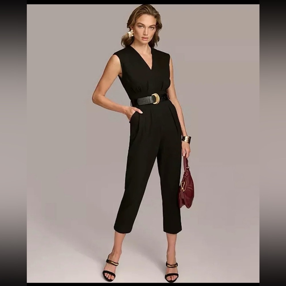 Donna Karan Belted V-Neck Piped Jumpsuit